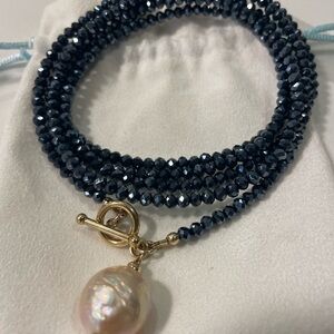 Elegant Pearl & NAVY Pyrite Beaded Necklace Tarnish-Free Gold Filled MADE IN USA